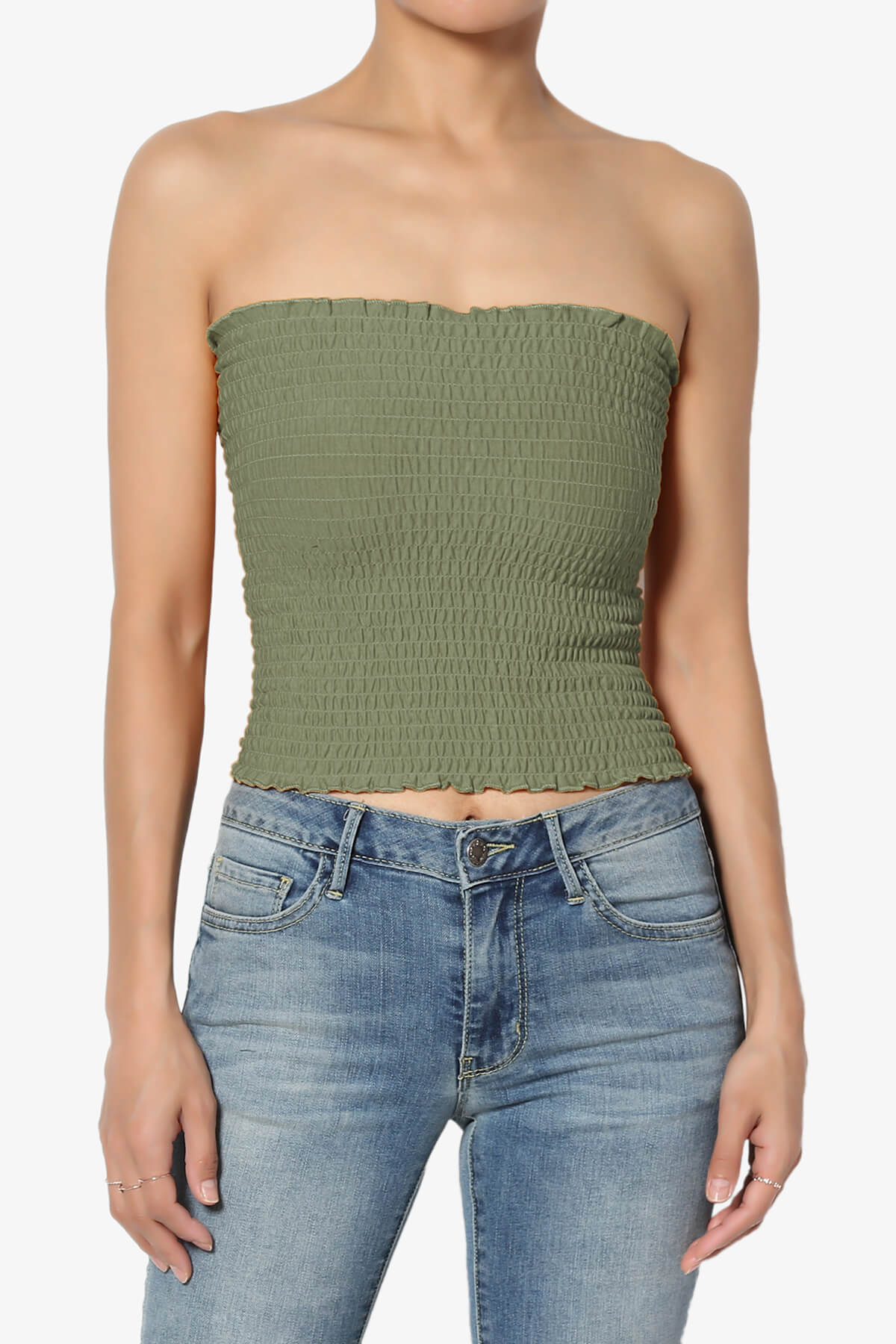 Load image into Gallery viewer, Faleece Smocked Crop Tube Top DUSTY OLIVE_1
