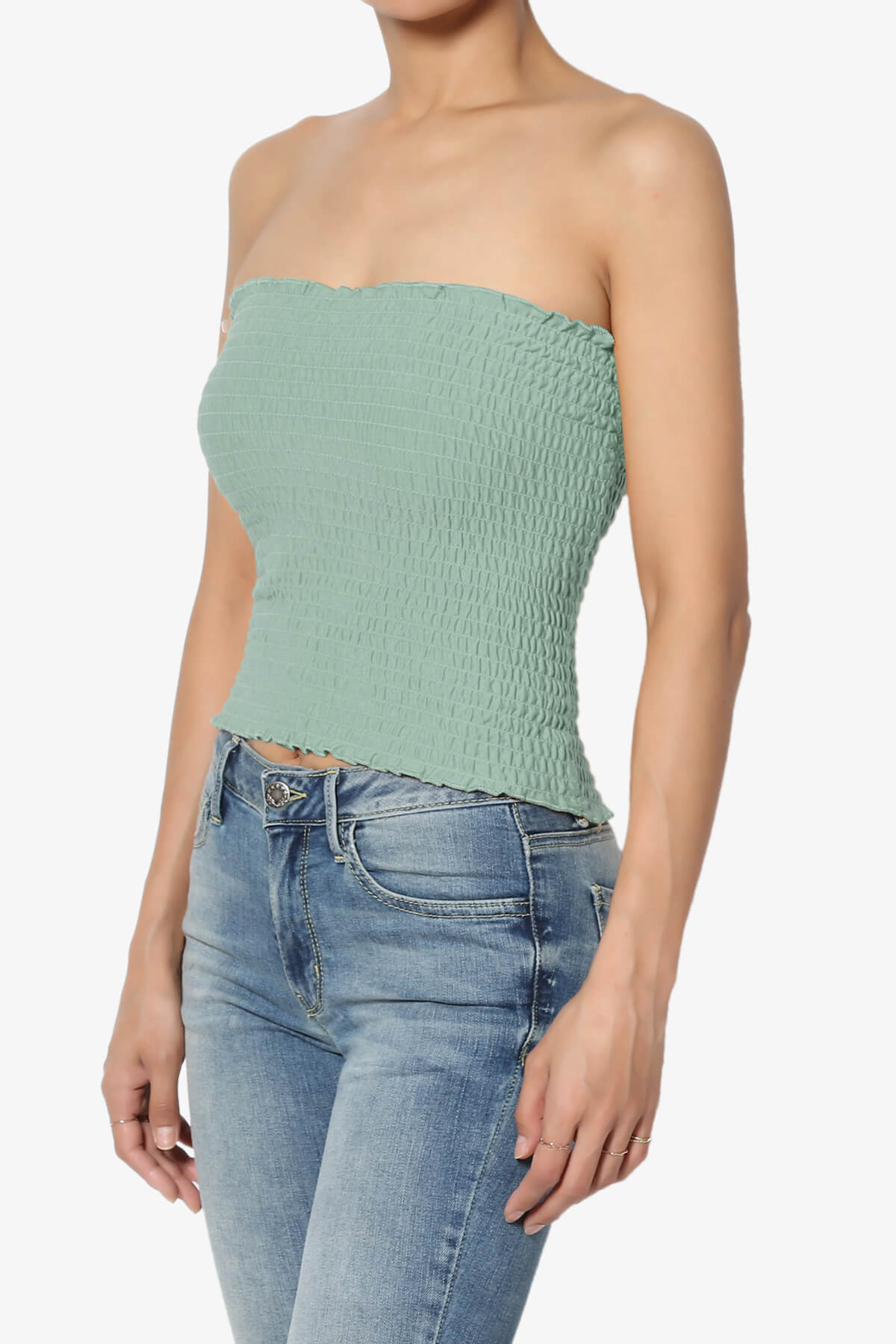 Load image into Gallery viewer, Faleece Smocked Crop Tube Top LIGHT GREEN_3
