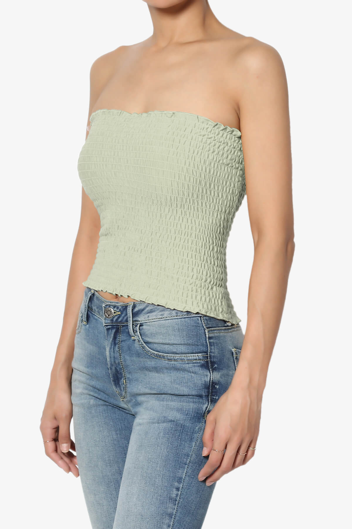 Load image into Gallery viewer, Faleece Smocked Crop Tube Top LIGHT SAGE_3
