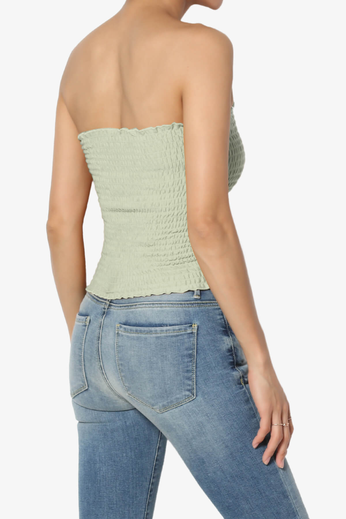 Load image into Gallery viewer, Faleece Smocked Crop Tube Top LIGHT SAGE_4
