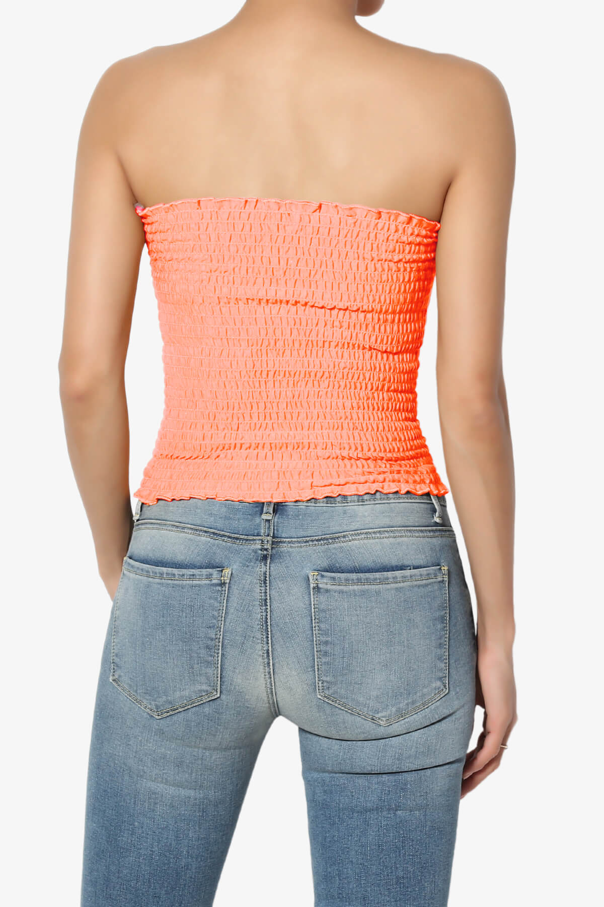 Load image into Gallery viewer, Faleece Smocked Crop Tube Top NEON CORAL_2
