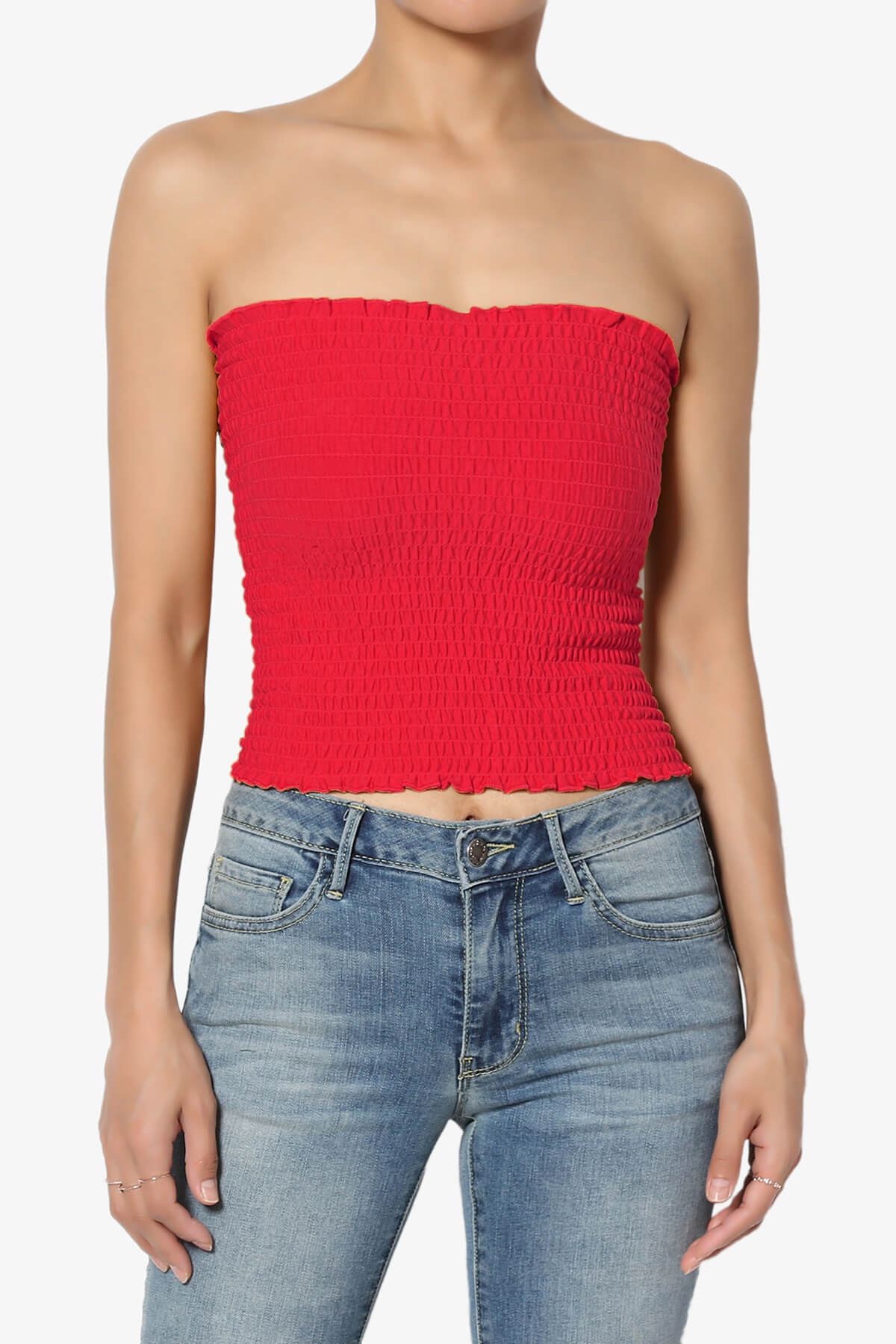 Load image into Gallery viewer, Faleece Smocked Crop Tube Top RED_1
