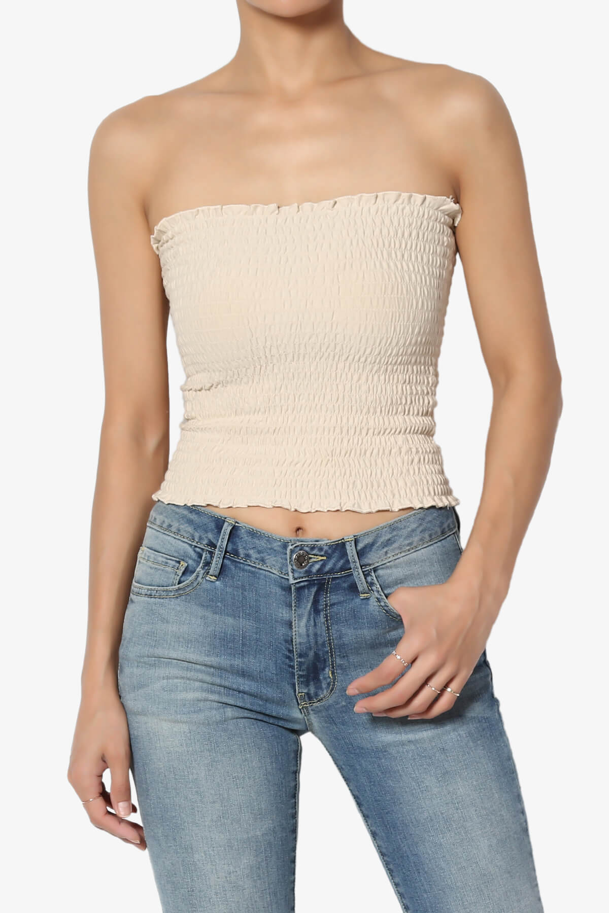 Load image into Gallery viewer, Faleece Smocked Crop Tube Top TAUPE_1
