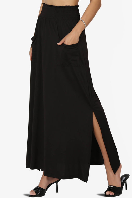Farrie Smocked Waist Slit Maxi Skirt w Pocket BLACK_3