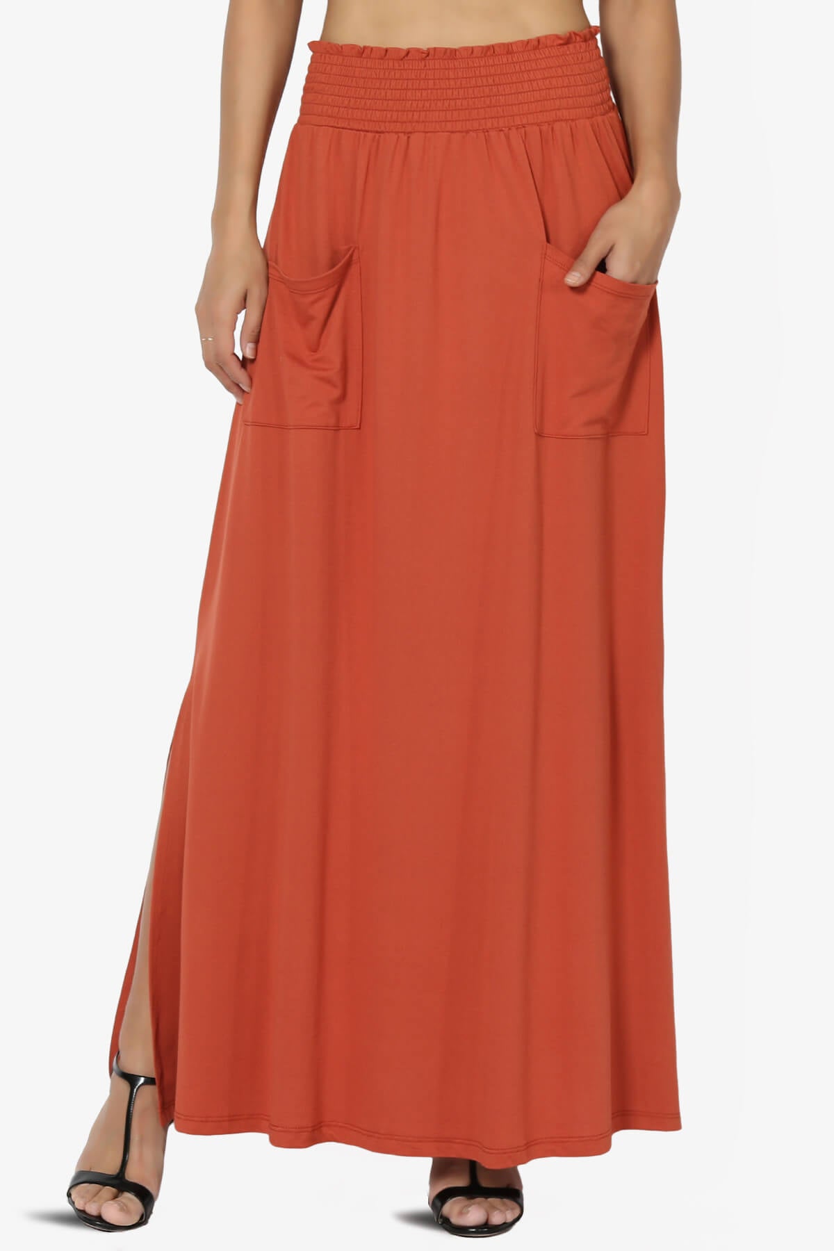 Load image into Gallery viewer, Farrie Smocked Waist Slit Maxi Skirt w Pocket RUST_1
