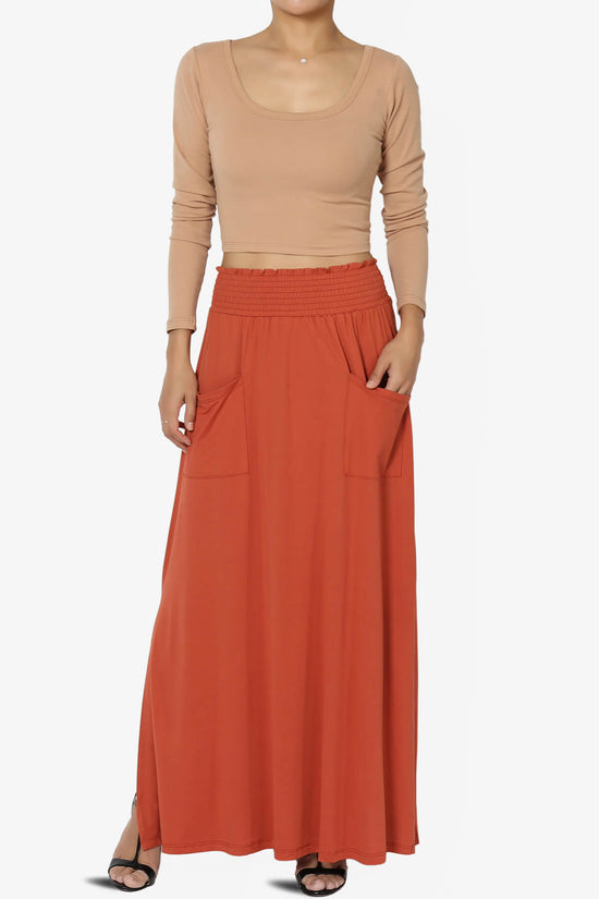 Load image into Gallery viewer, Farrie Smocked Waist Slit Maxi Skirt w Pocket RUST_6
