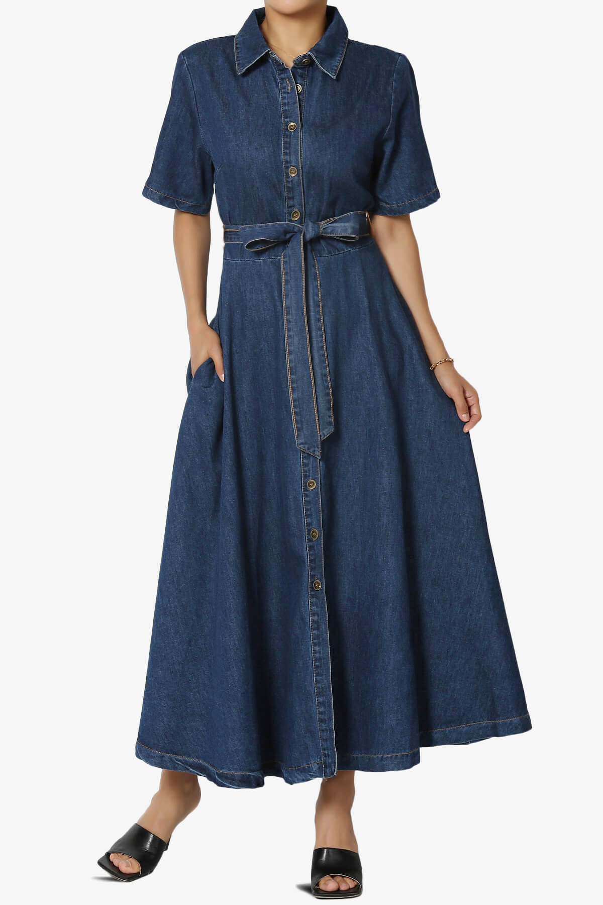 Fazzio Denim A-Line Maxi Shirt Dress INDIGO_1