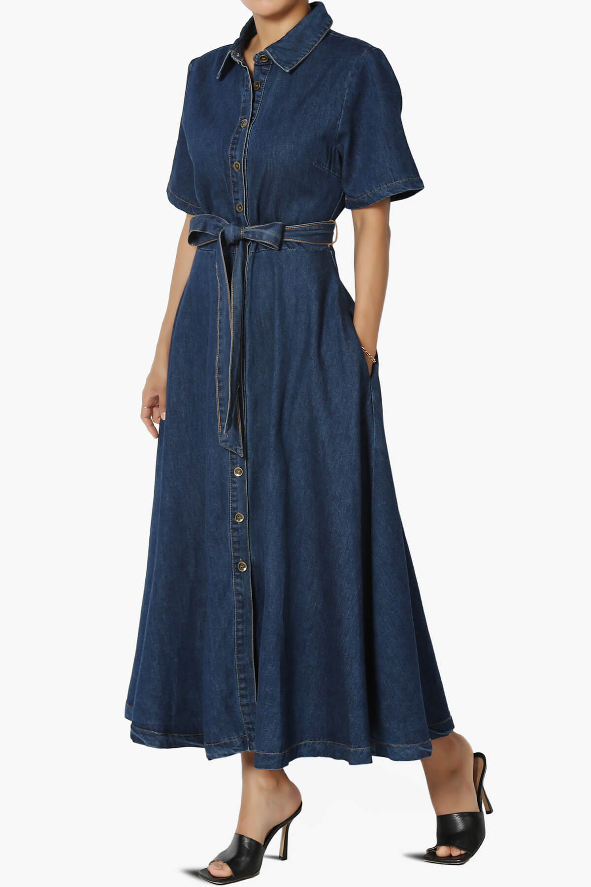 Fazzio Denim A-Line Maxi Shirt Dress INDIGO_3