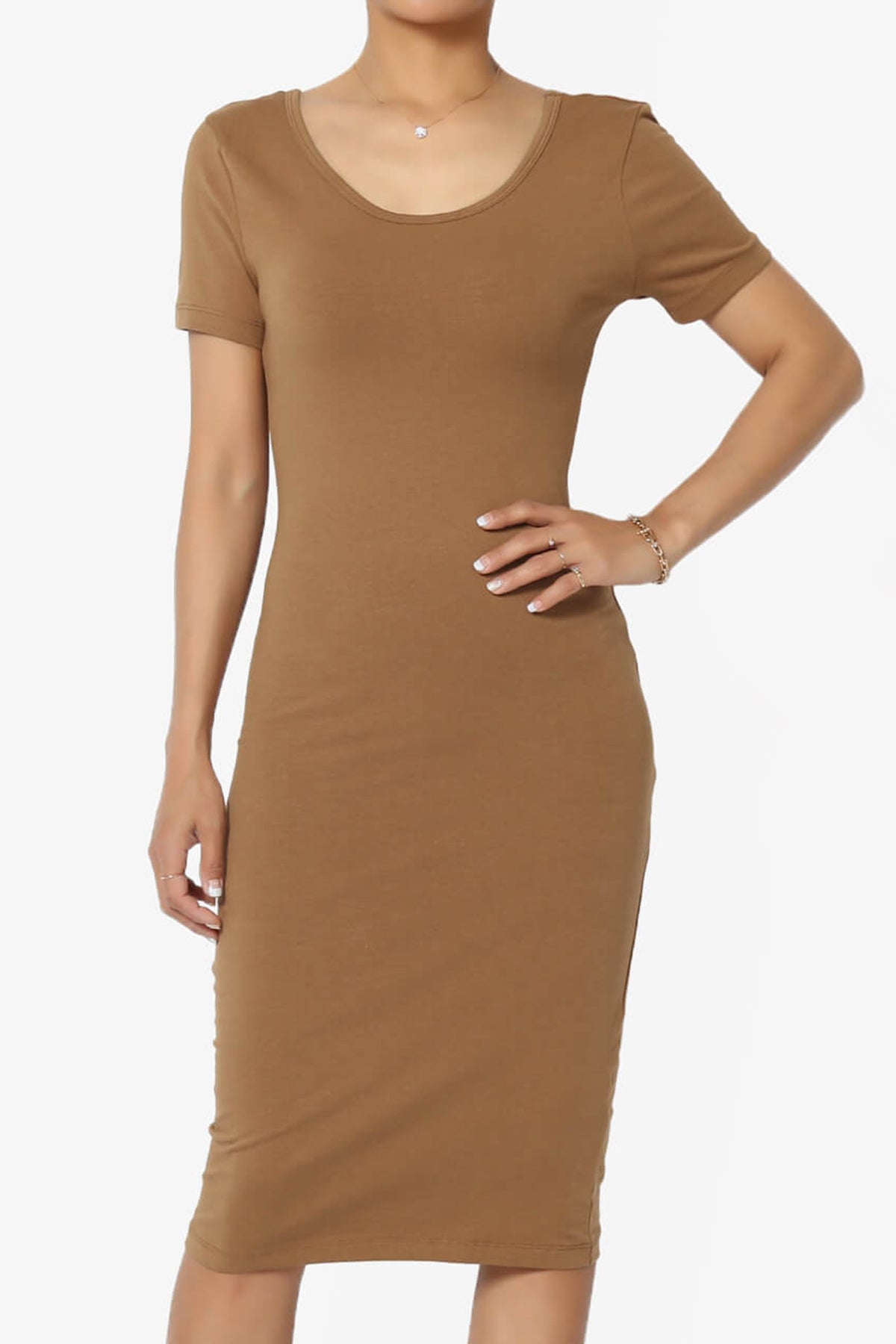 Fontella Short Sleeve Bodycon Dress DEEP CAMEL_1