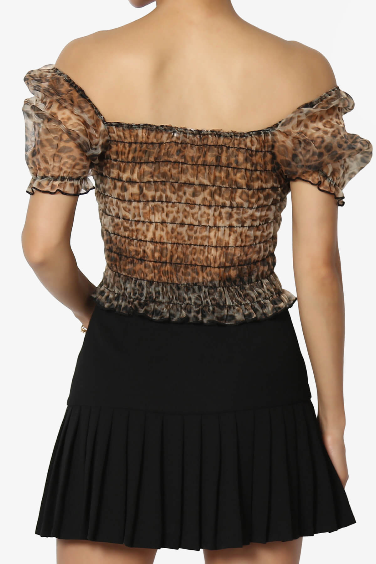 Leopard Print Organza Sheer Blouse Puff Short Sleeve Crop Top – TheMogan