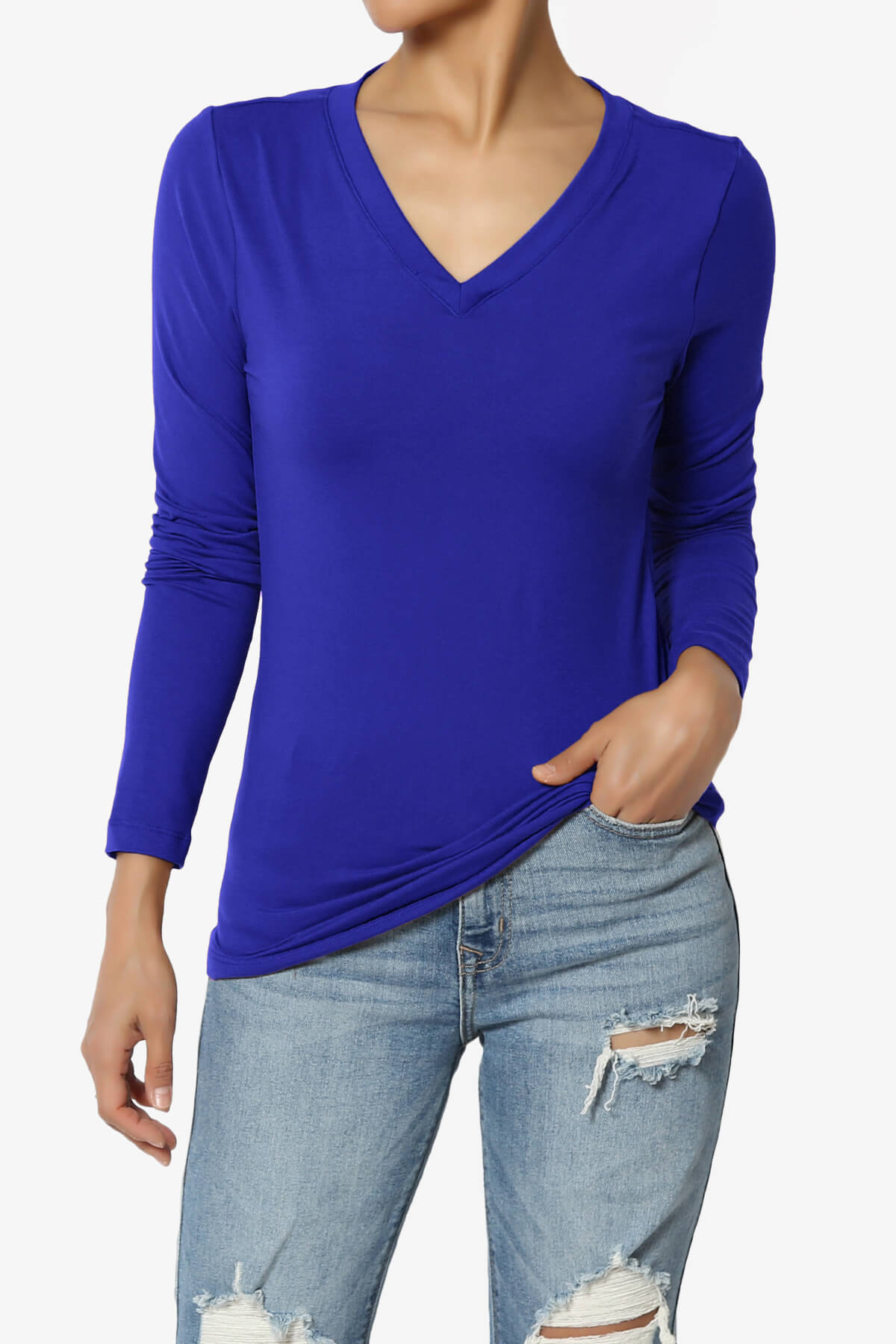 Load image into Gallery viewer, Gaia Microfiber V-Neck Long Sleeve T-Shirt BRIGHT BLUE_1
