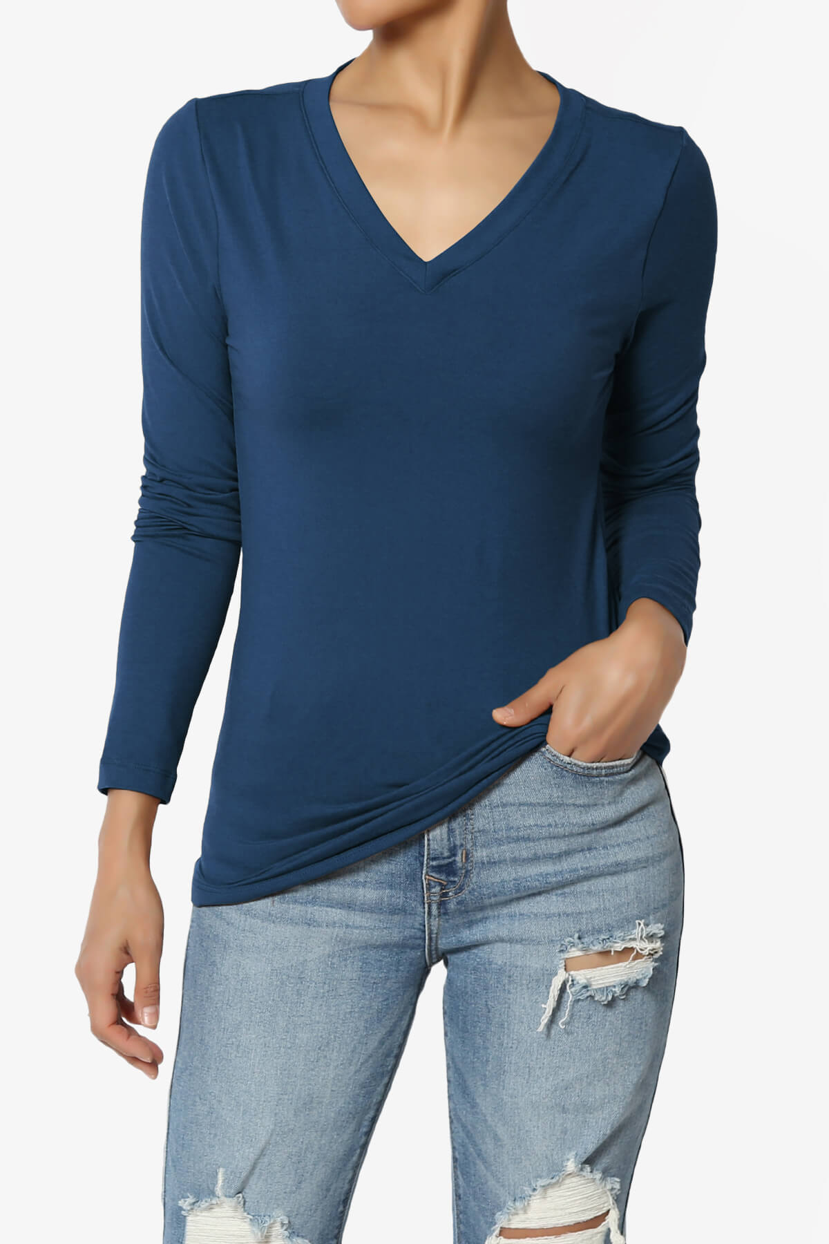 Gaia Microfiber V-Neck Long Sleeve T-Shirt LIGHT NAVY_1