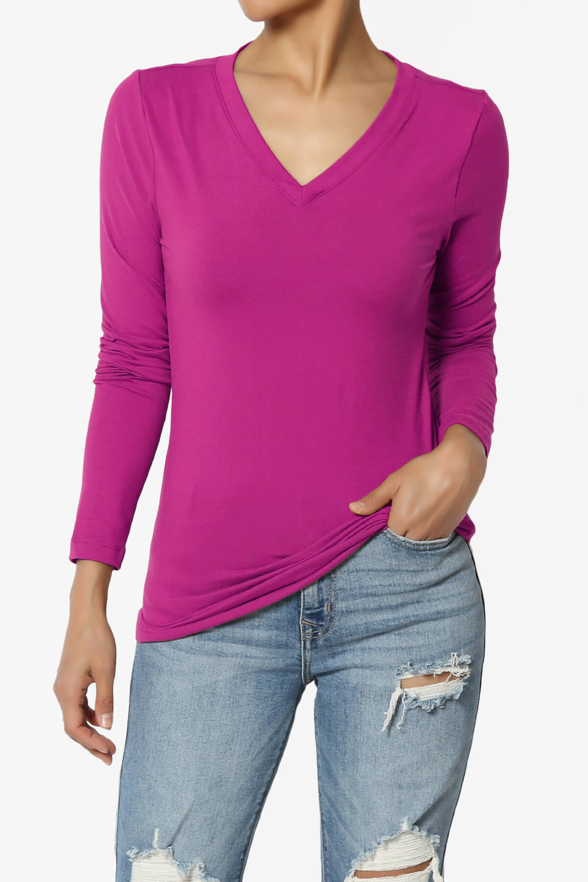 Load image into Gallery viewer, Gaia Microfiber V-Neck Long Sleeve T-Shirt MAGENTA_1
