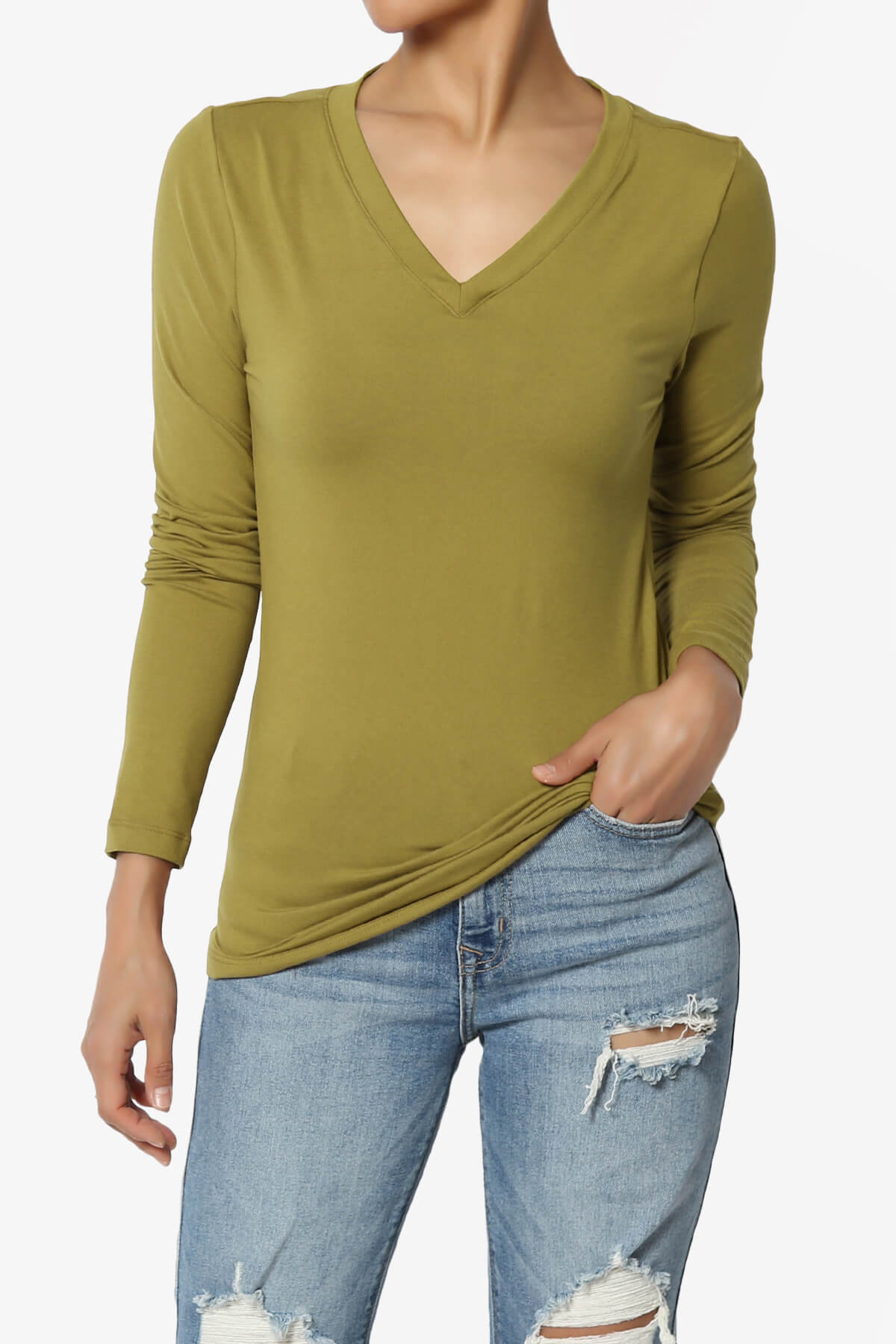 Load image into Gallery viewer, Gaia Microfiber V-Neck Long Sleeve T-Shirt OLIVE MUSTARD_1
