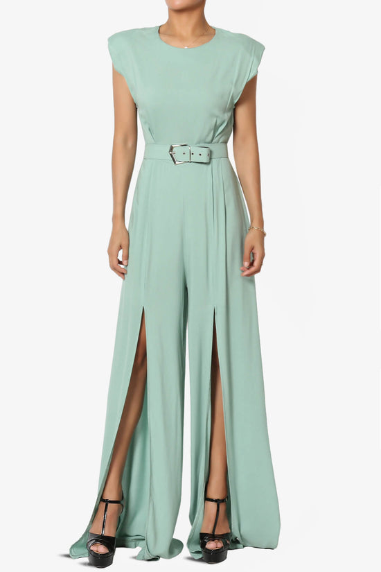 Load image into Gallery viewer, Gates Padded Shoulder Slit Wide Leg Jumpsuit TALL LIGHT GREEN_1
