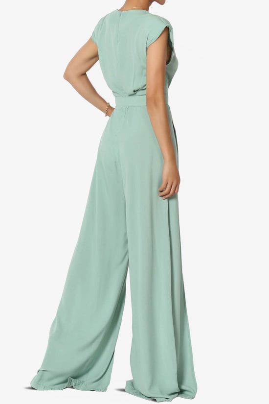 Load image into Gallery viewer, Gates Padded Shoulder Slit Wide Leg Jumpsuit TALL LIGHT GREEN_4

