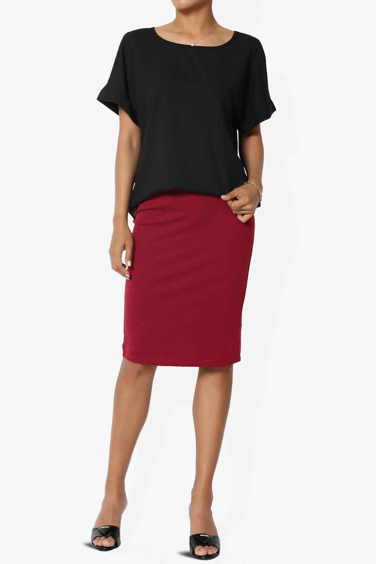 Load image into Gallery viewer, Hayle Soft Knit High Rise Midi Pencil Skirt BURGUNDY_6
