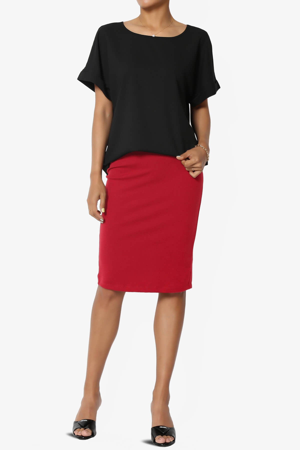 Hayle Soft Knit High Rise Midi Pencil Skirt RED_6