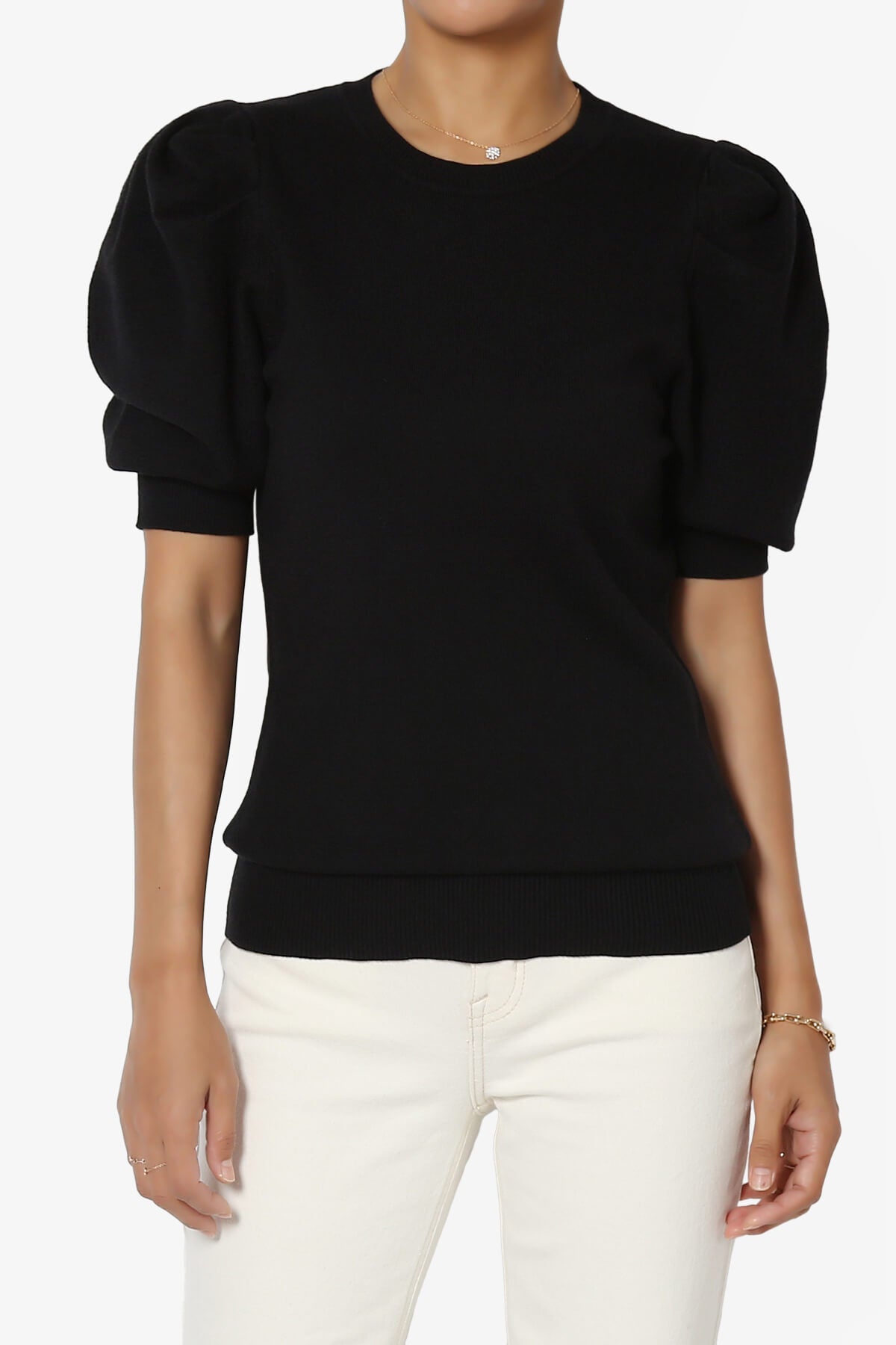 Load image into Gallery viewer, Isabella Puff Short Sleeve Knit Sweater BLACK_1
