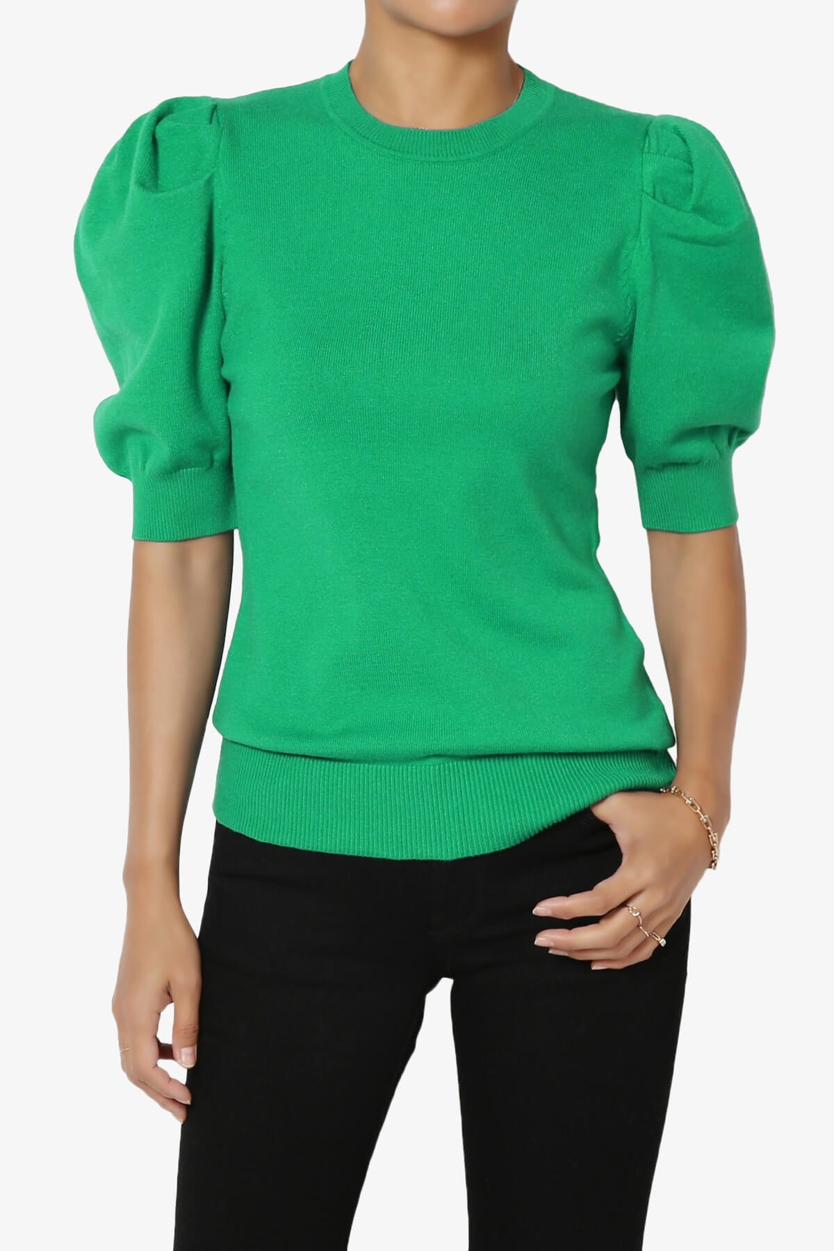 Isabella Puff Short Sleeve Knit Sweater KELLY GREEN_1