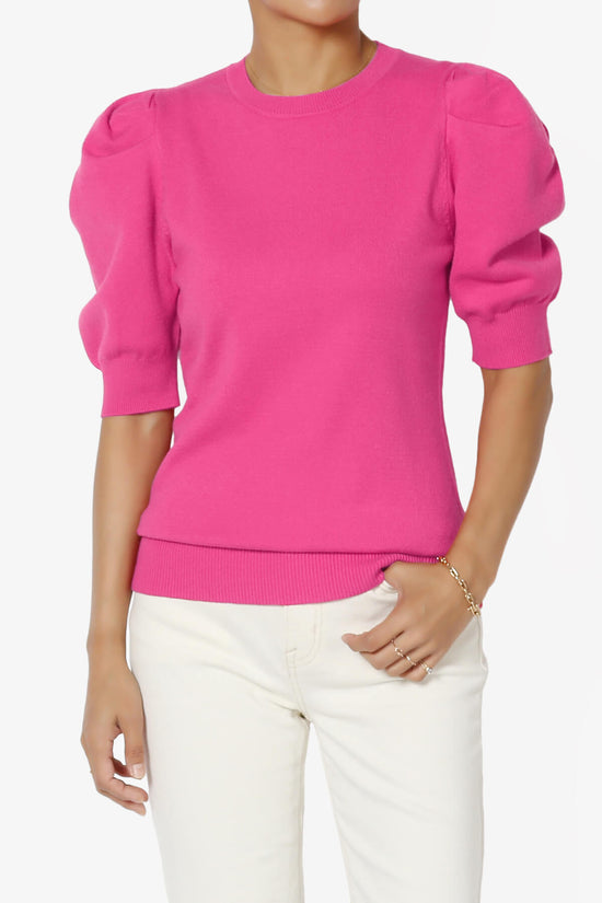 Isabella Puff Short Sleeve Knit Sweater NEON HOT PINK_1