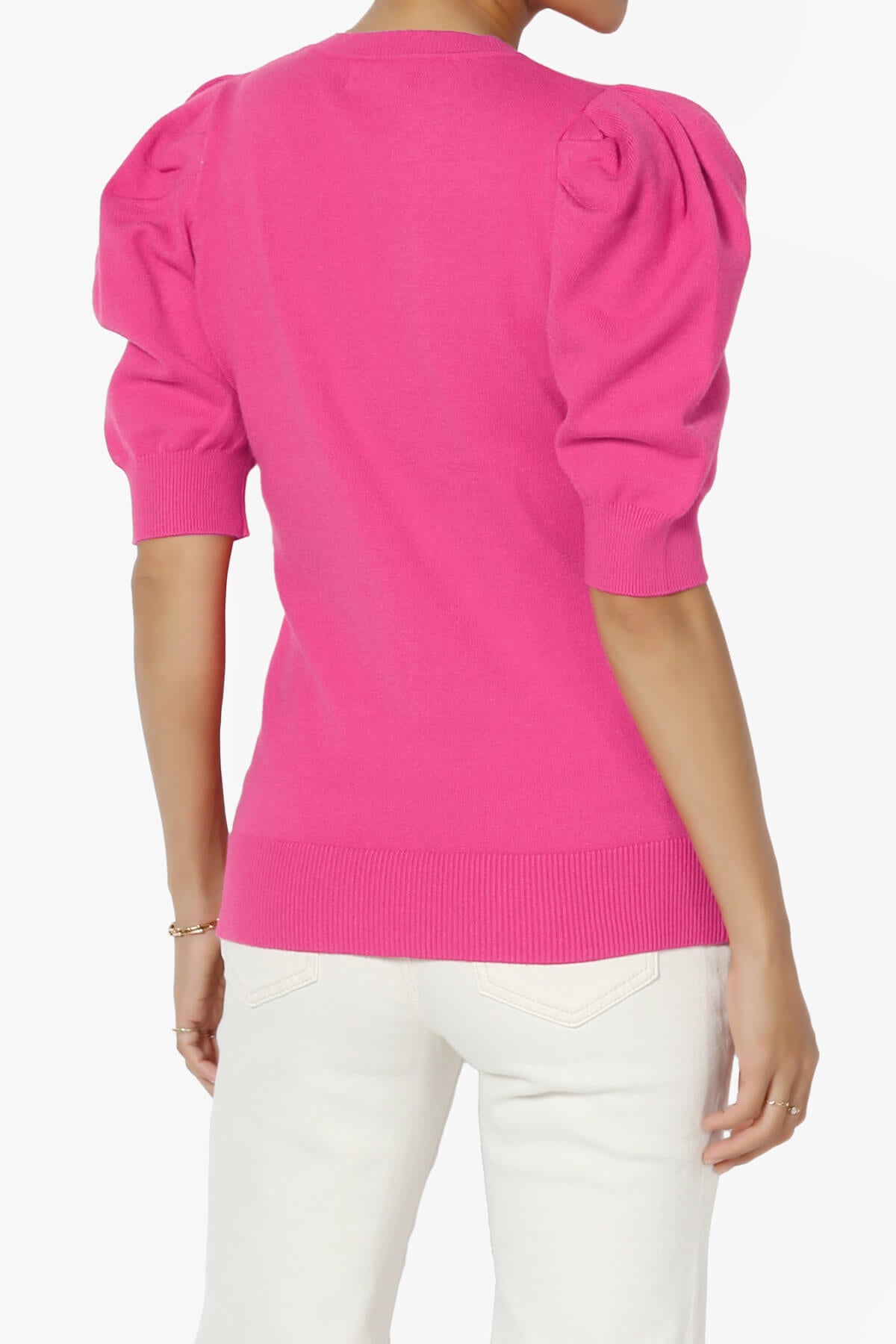 Isabella Puff Short Sleeve Knit Sweater NEON HOT PINK_2