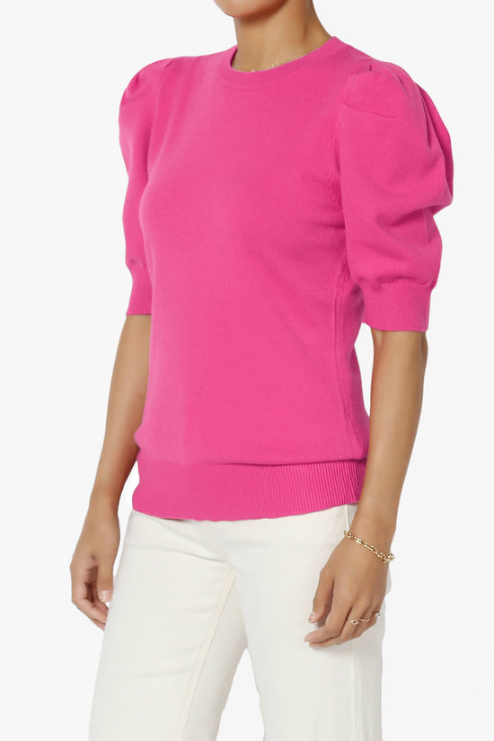 Isabella Puff Short Sleeve Knit Sweater NEON HOT PINK_3