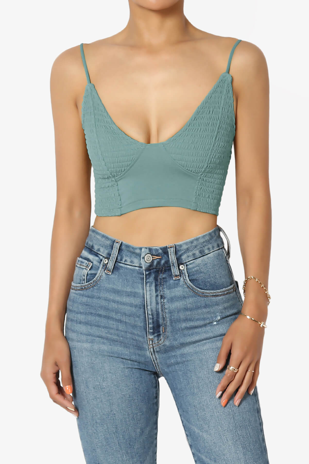 Load image into Gallery viewer, Jennie Smocked Triangle Bralette DUSTY BLUE_1
