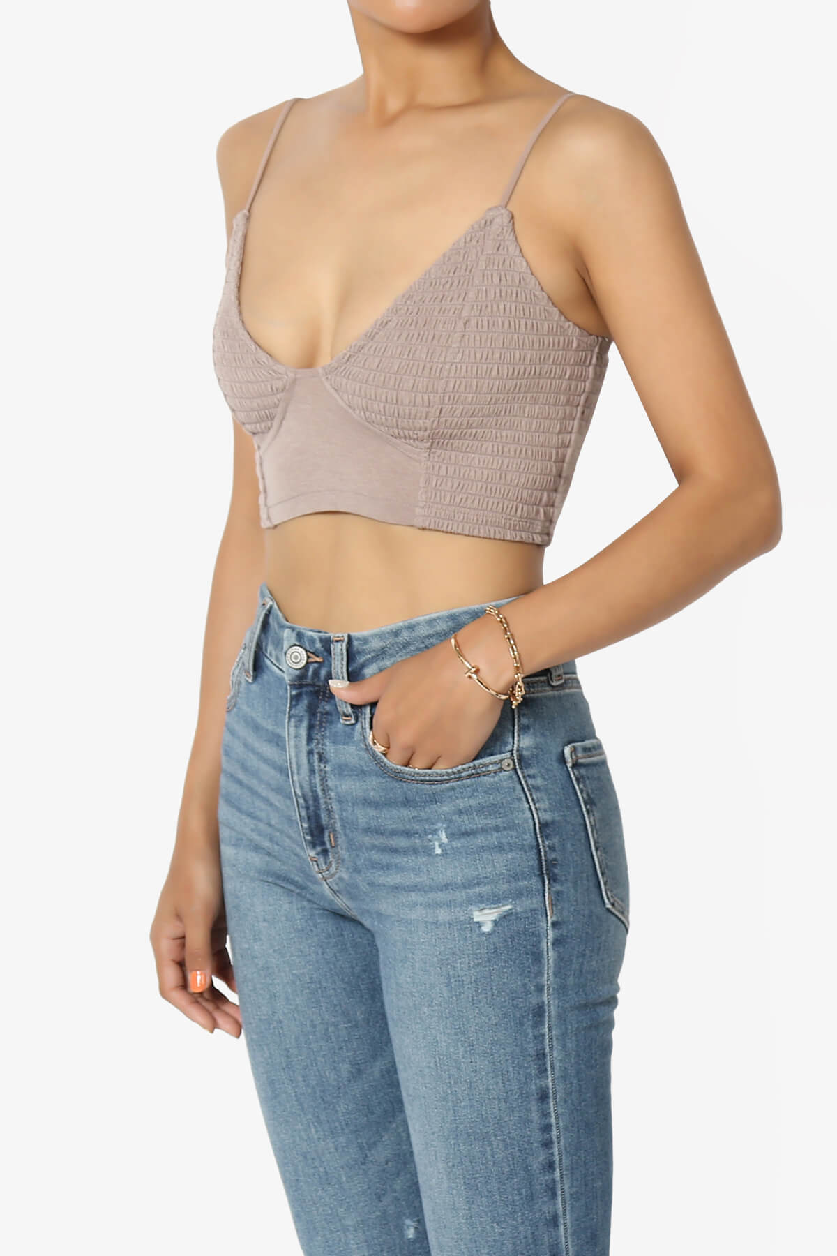 Load image into Gallery viewer, Jennie Smocked Triangle Bralette LIGHT MOCHA_3
