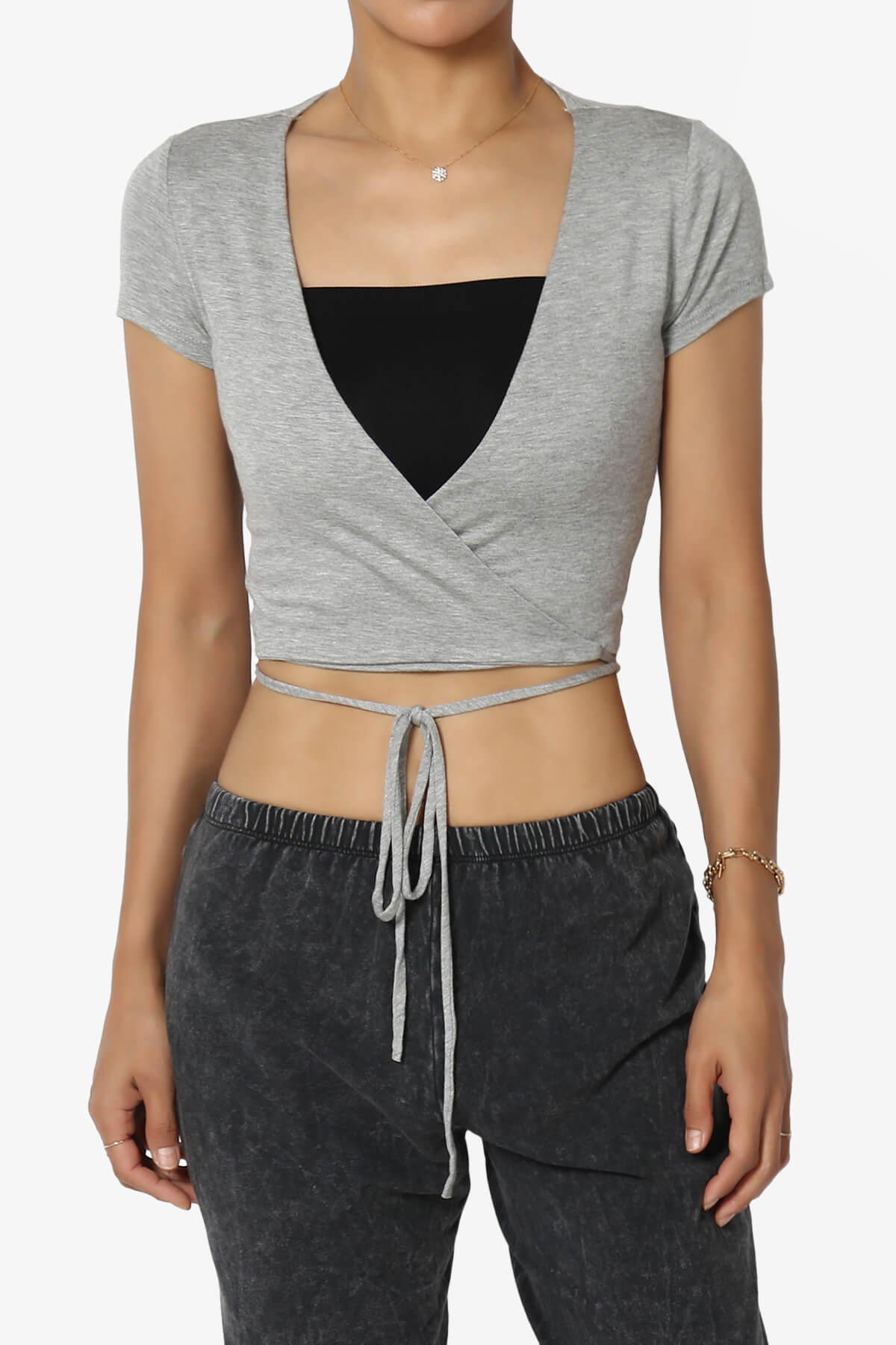 Joanie Deep V-Neck Wrap Crop Top HEATHER GREY_1