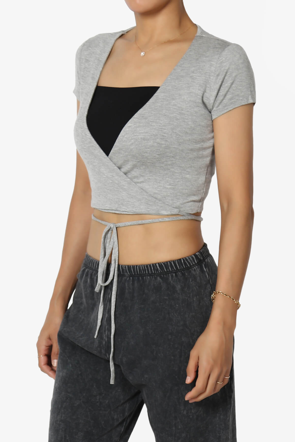 Joanie Deep V-Neck Wrap Crop Top HEATHER GREY_3