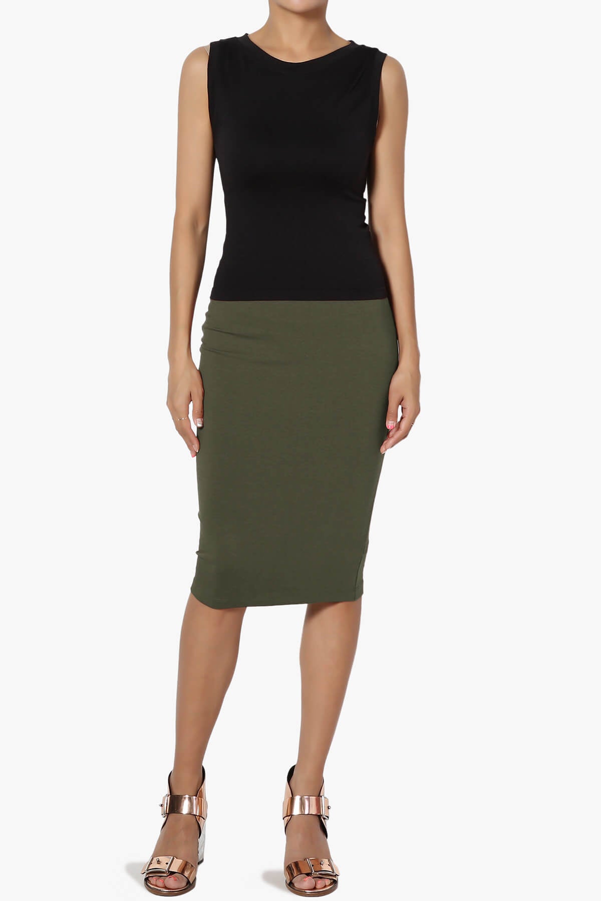 Load image into Gallery viewer, Karan Cotton Midi Pencil Skirt OLIVE_6
