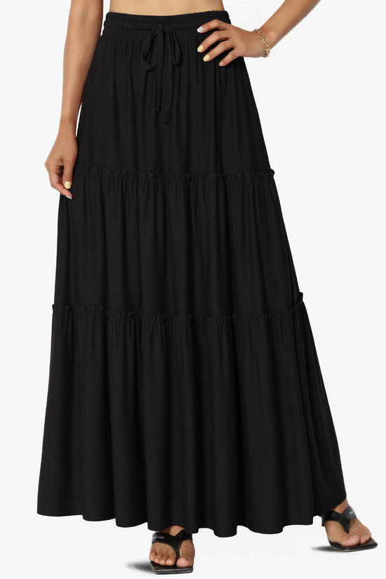 Load image into Gallery viewer, Kelton Ruffle Tiered Jersey Maxi Skirt BLACK_1
