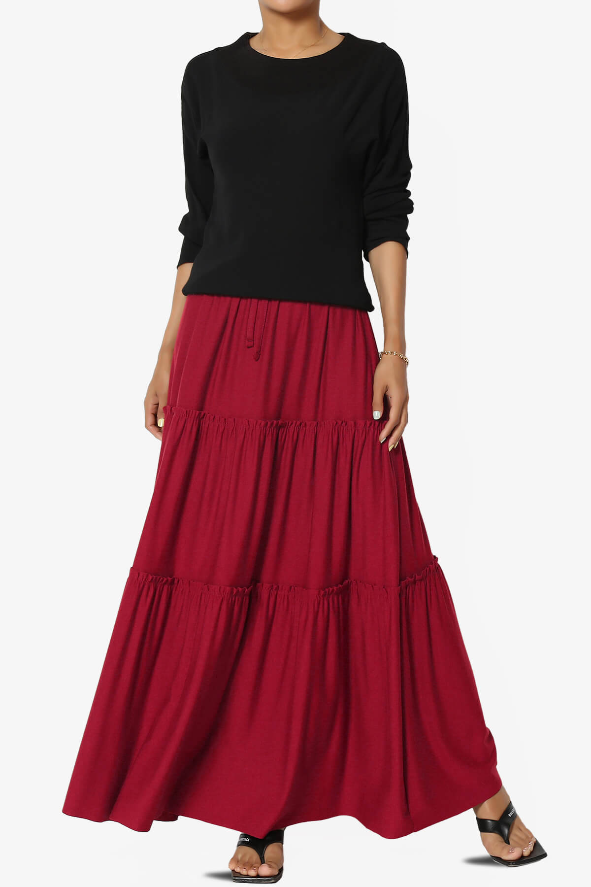 Load image into Gallery viewer, Kelton Ruffle Tiered Jersey Maxi Skirt BURGUNDY_6
