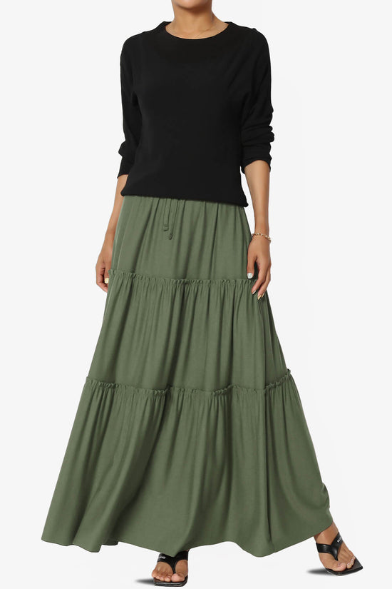 Load image into Gallery viewer, Kelton Ruffle Tiered Jersey Maxi Skirt DUSTY OLIVE_6
