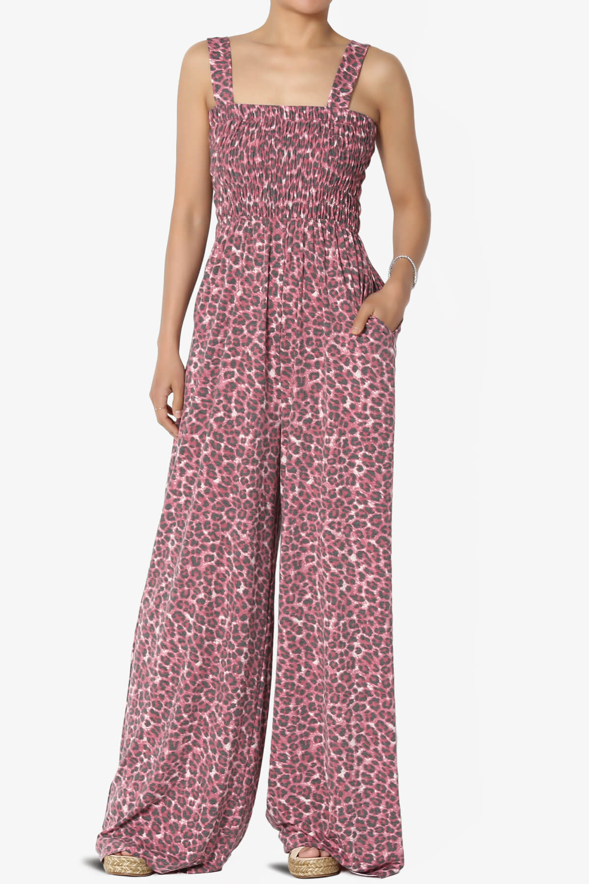 Kenley Leopard Smocked Cami Wide Leg Jumpsuit TALL CRANBERRY_1