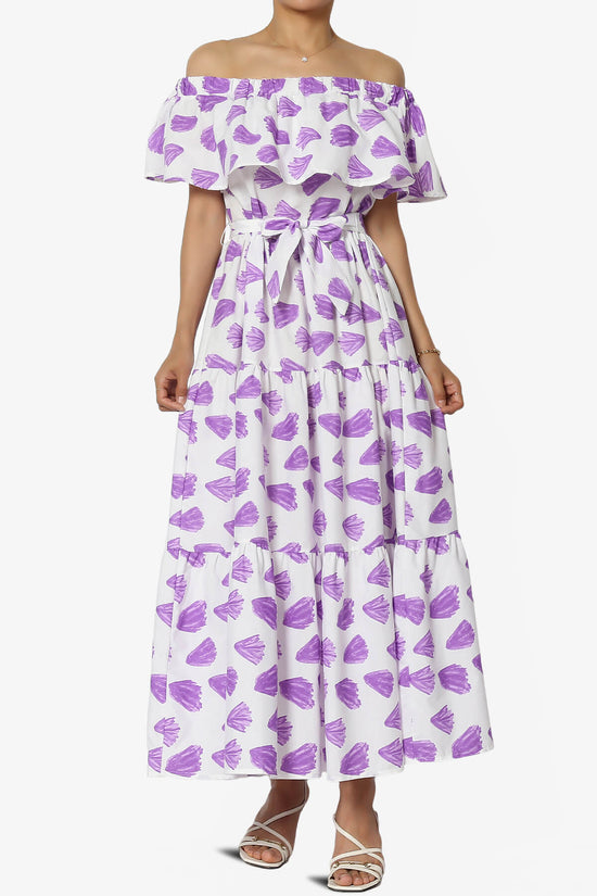 Kenny Ruffle Off Shoulder Floral Woven Long Dress in Bright Lavender