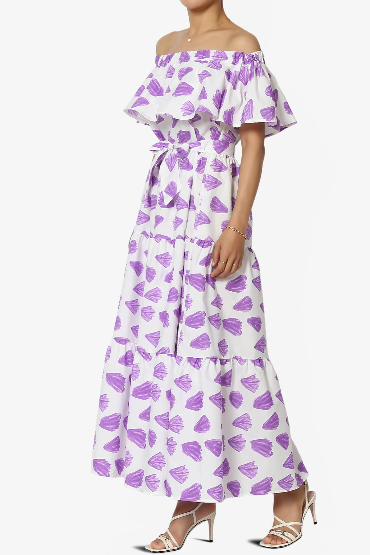 Kenny Ruffle Off Shoulder Floral Woven Long Dress in Bright Lavender