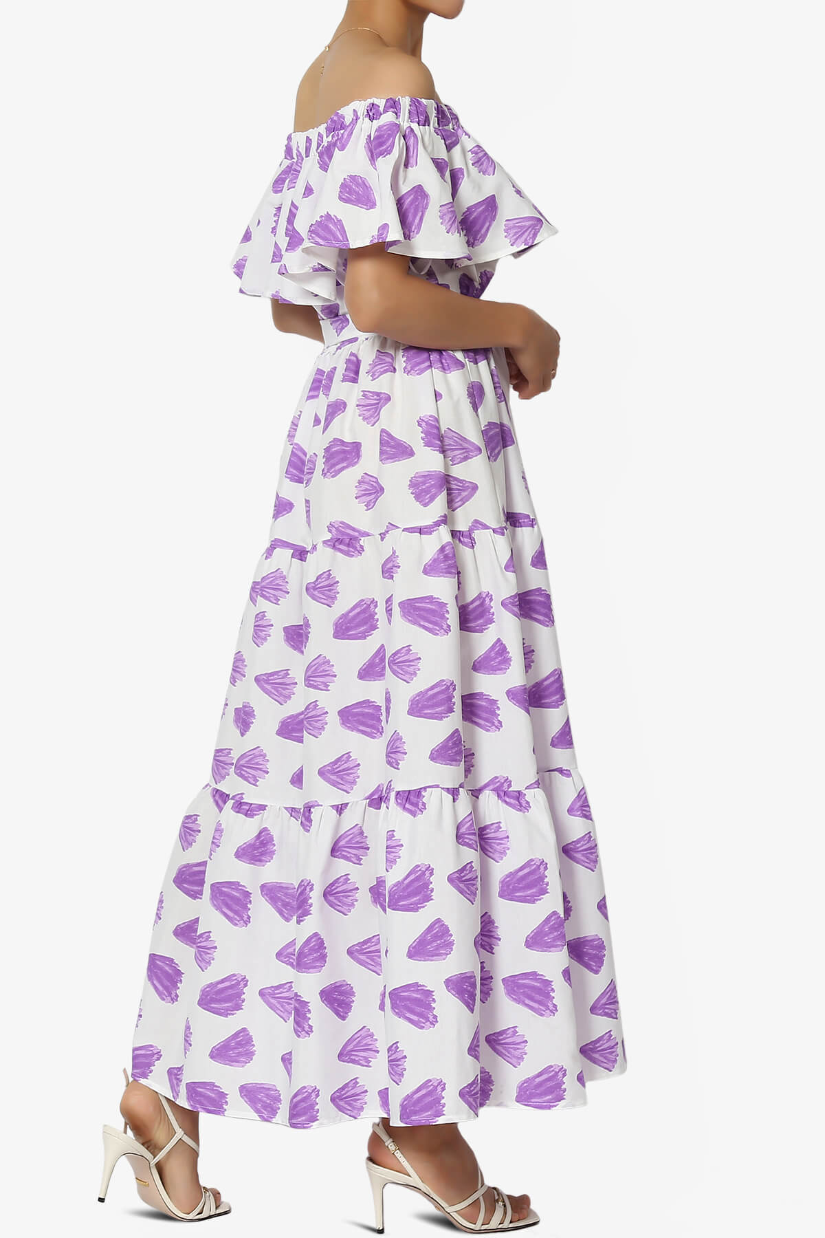 Kenny Ruffle Off Shoulder Floral Woven Long Dress in Bright Lavender