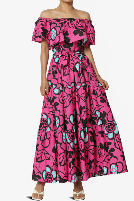 Kenny Ruffle Off Shoulder Floral Woven Long Dress in Magenta