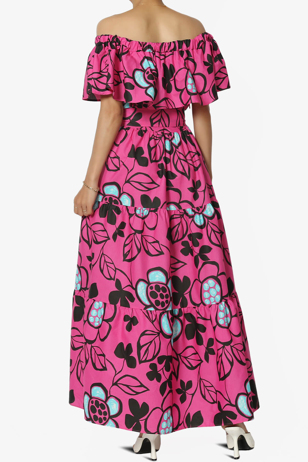 Kenny Ruffle Off Shoulder Floral Woven Long Dress in Magenta