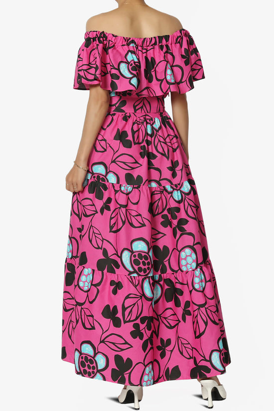 Kenny Ruffle Off Shoulder Floral Woven Long Dress in Magenta