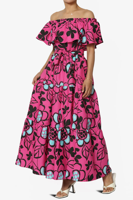 Kenny Ruffle Off Shoulder Floral Woven Long Dress in Magenta