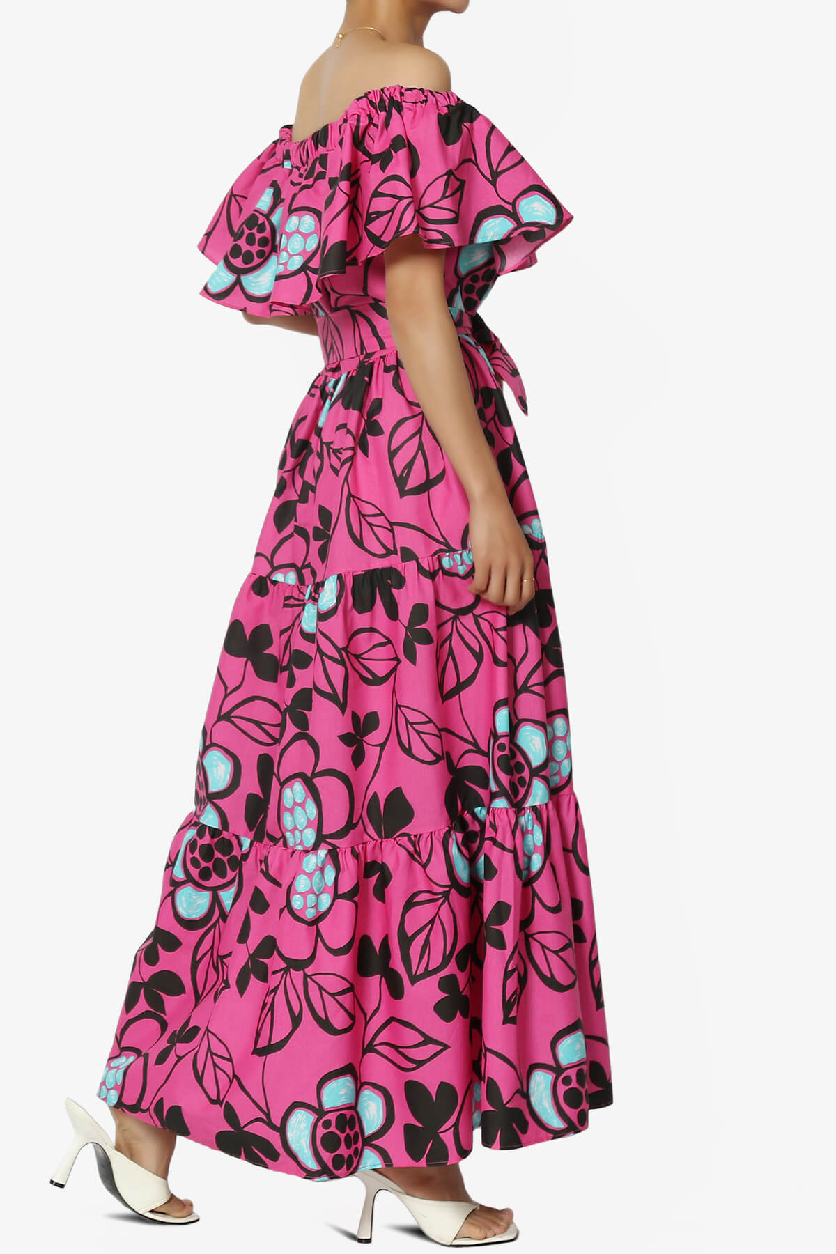 Kenny Ruffle Off Shoulder Floral Woven Long Dress in Magenta