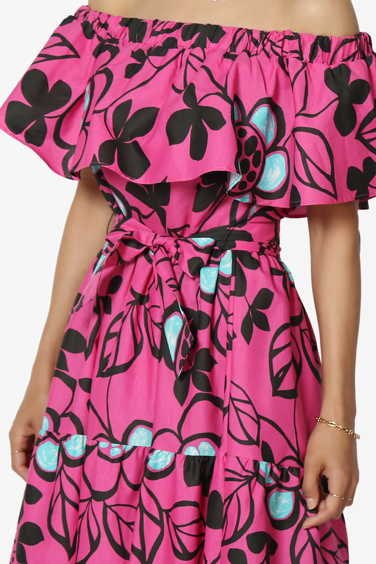 Kenny Ruffle Off Shoulder Floral Woven Long Dress in Magenta