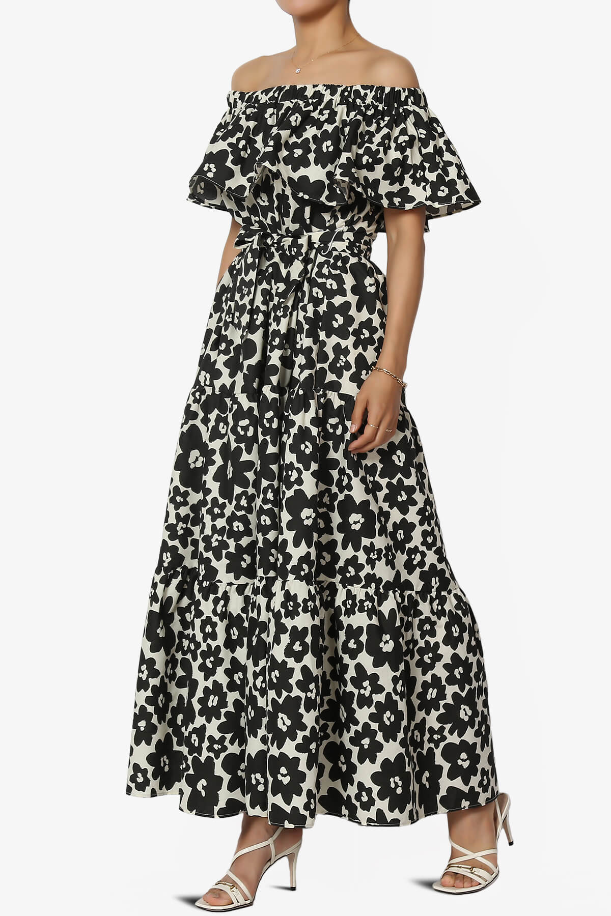 Kenny Ruffle Off Shoulder Floral Woven Long Dress ASH BLACK_3