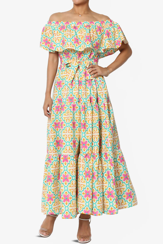 Kenny Ruffle Off Shoulder Floral Woven Long Dress in Beige