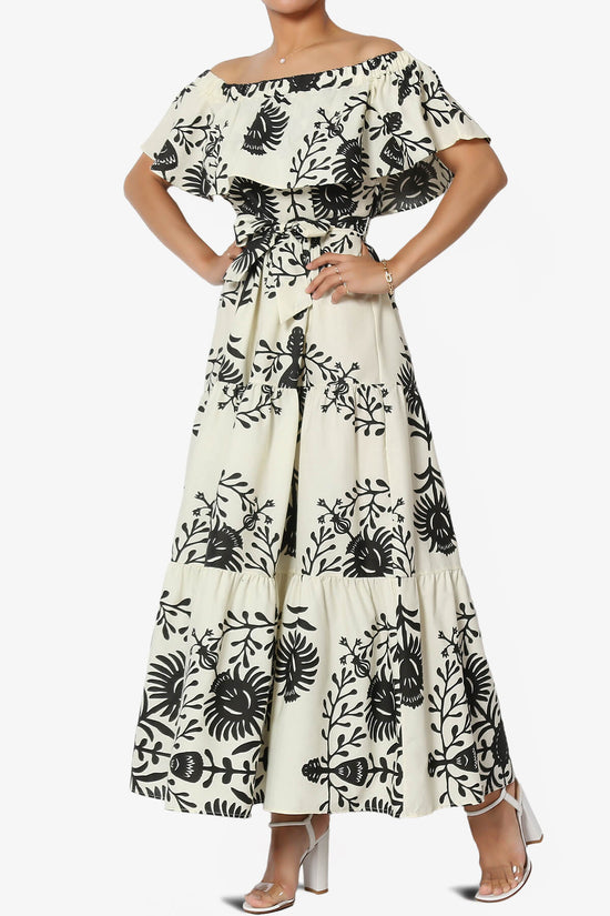 Load image into Gallery viewer, Kenny Ruffle Off Shoulder Floral Woven Long Dress BLACK_3
