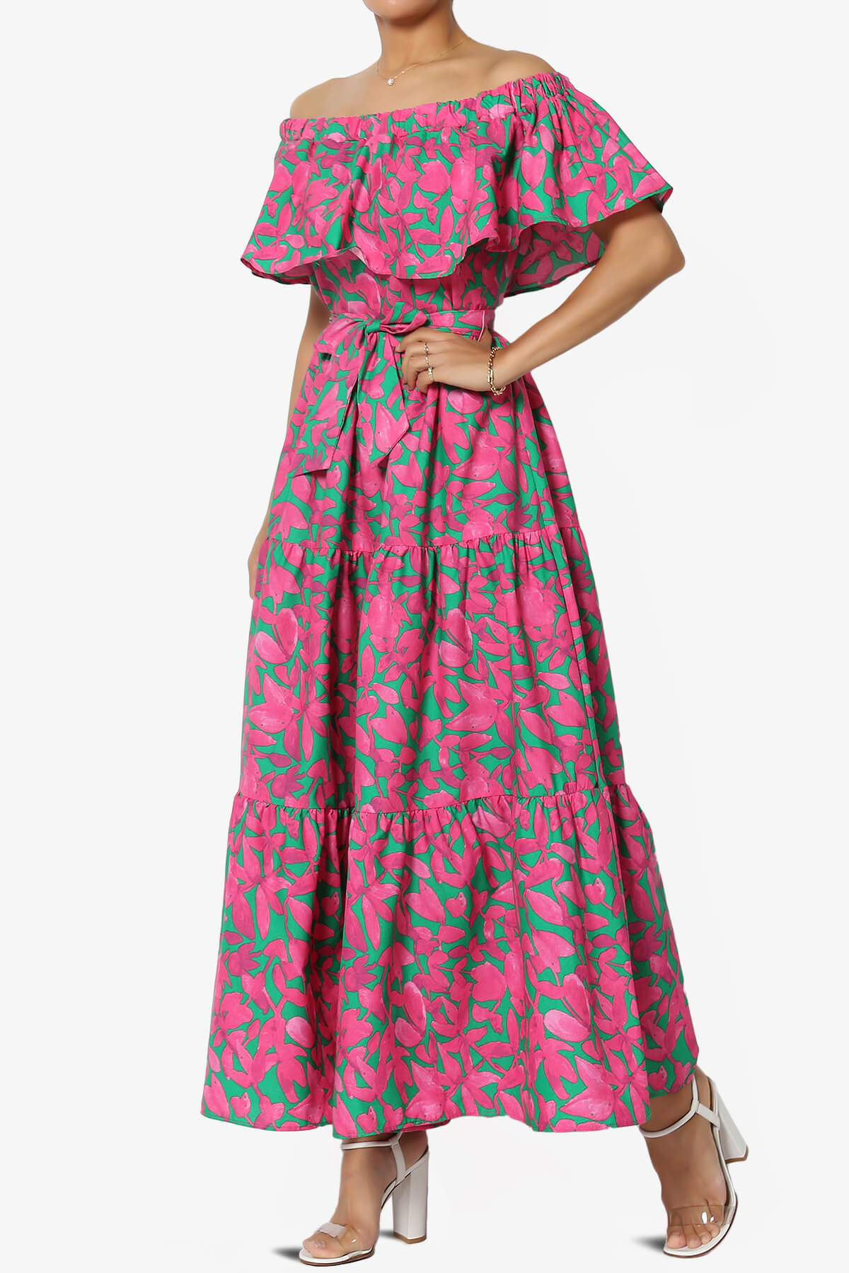 Load image into Gallery viewer, Kenny Ruffle Off Shoulder Floral Woven Long Dress HOT PINK_3
