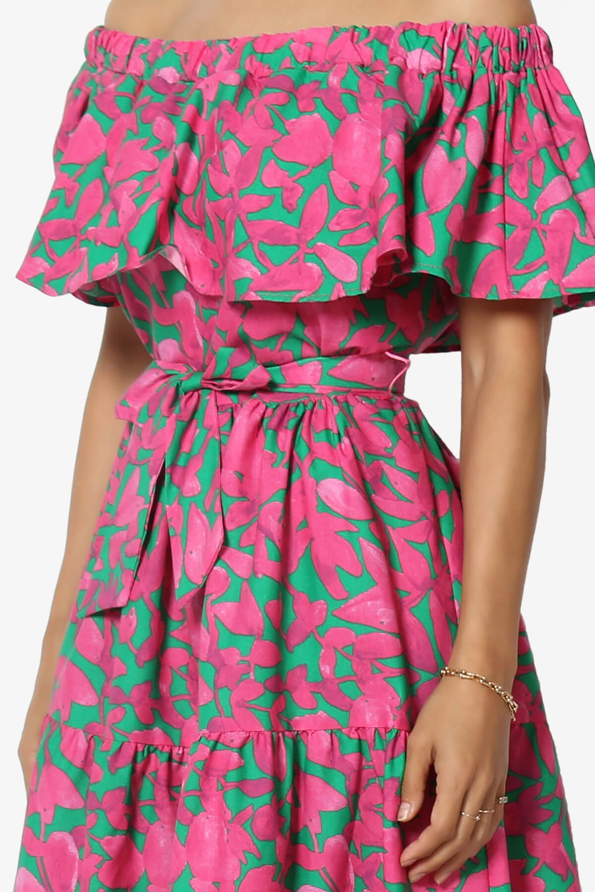 Load image into Gallery viewer, Kenny Ruffle Off Shoulder Floral Woven Long Dress HOT PINK_5
